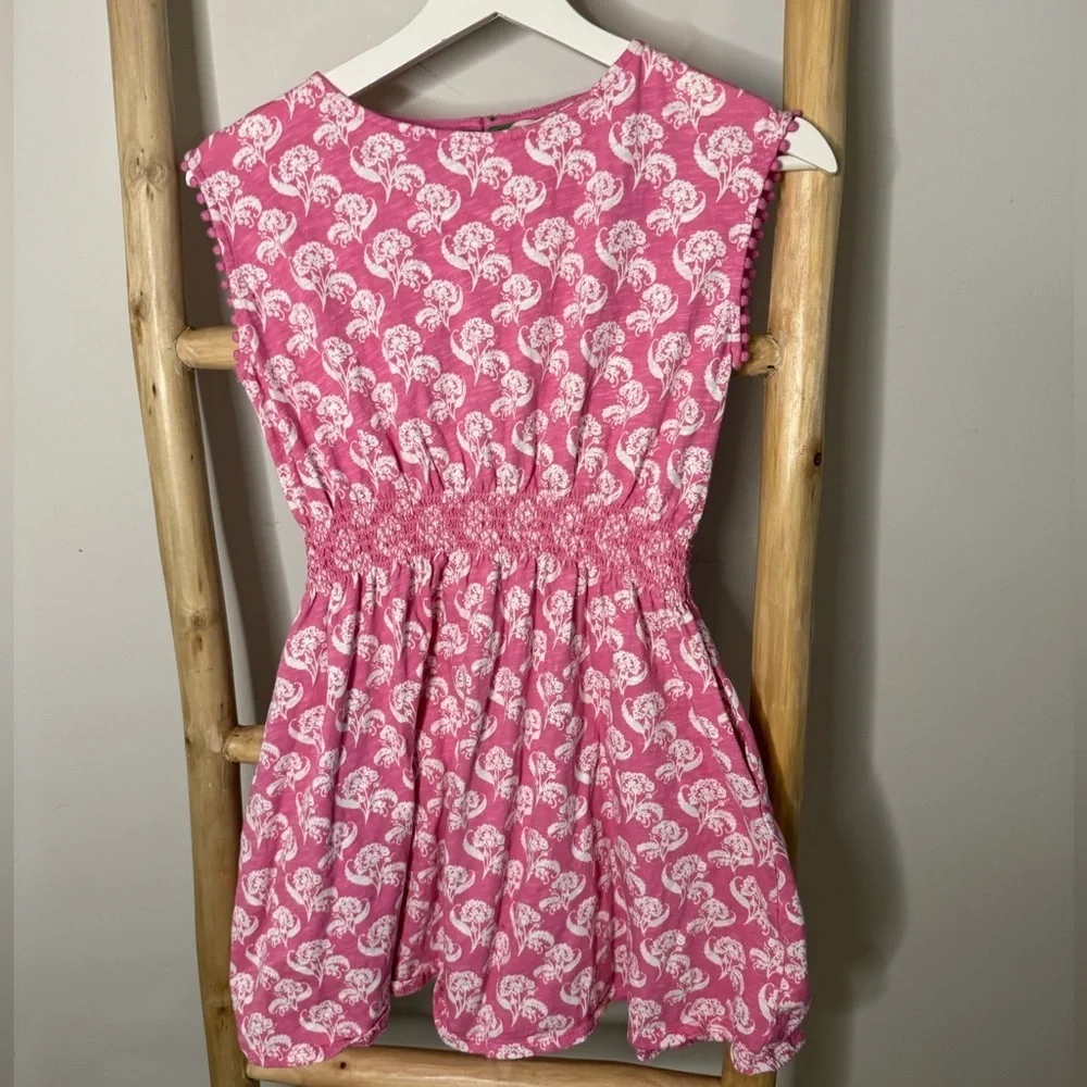 Mini Boden pink floral fit and flare cotton smocked waist dress  11-12Y